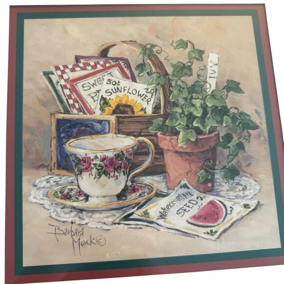 Barbara‎ Mock Basket Teacup Flower Garden Cottage Core Framed Print Picture Vtg - Picture 1 of 8
